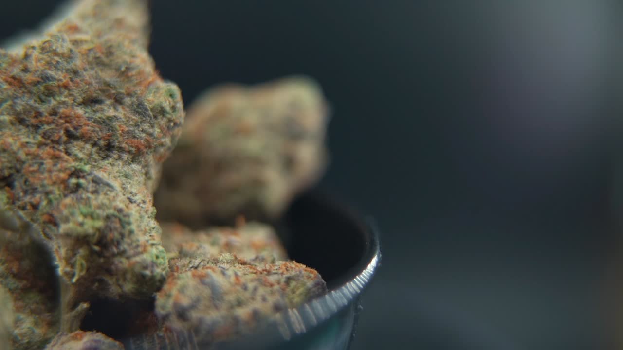 Una macro ripresa ravvicinata con una panoramica verso destra e un movimento fluido di una pianta di cannabis, un fiore di marijuana, varietà ibride, Indica e sativa, su un supporto rotante a 360° in una ciotola nera lucida, 120 fps in hyper slow motion Full HD