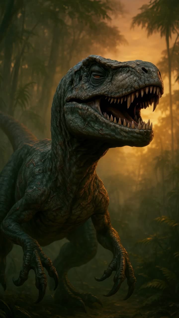 Dramatic low-angle shot of a roaring dinosaur in a misty jungle, evoking a cinematic video feel