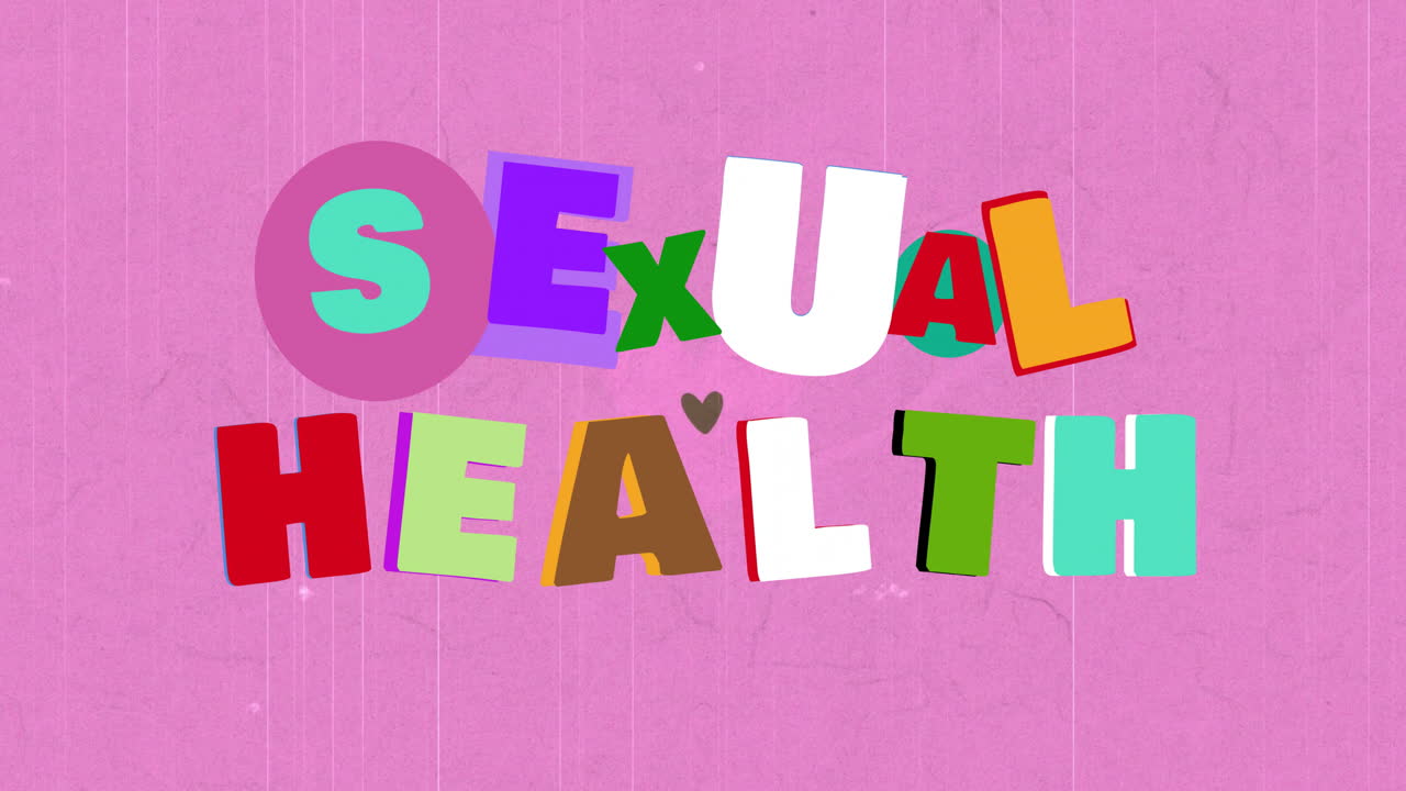 Text animation about sexual health over colorful heart shapes background