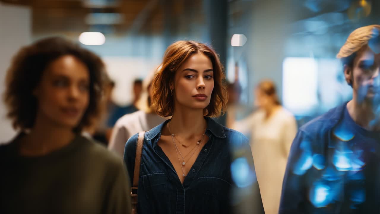 A dynamic scene depicting a group of individuals walking through a modern corridor, showcasing expressions and emotions as they navigate a vibrant environment filled with soft lighting and reflections