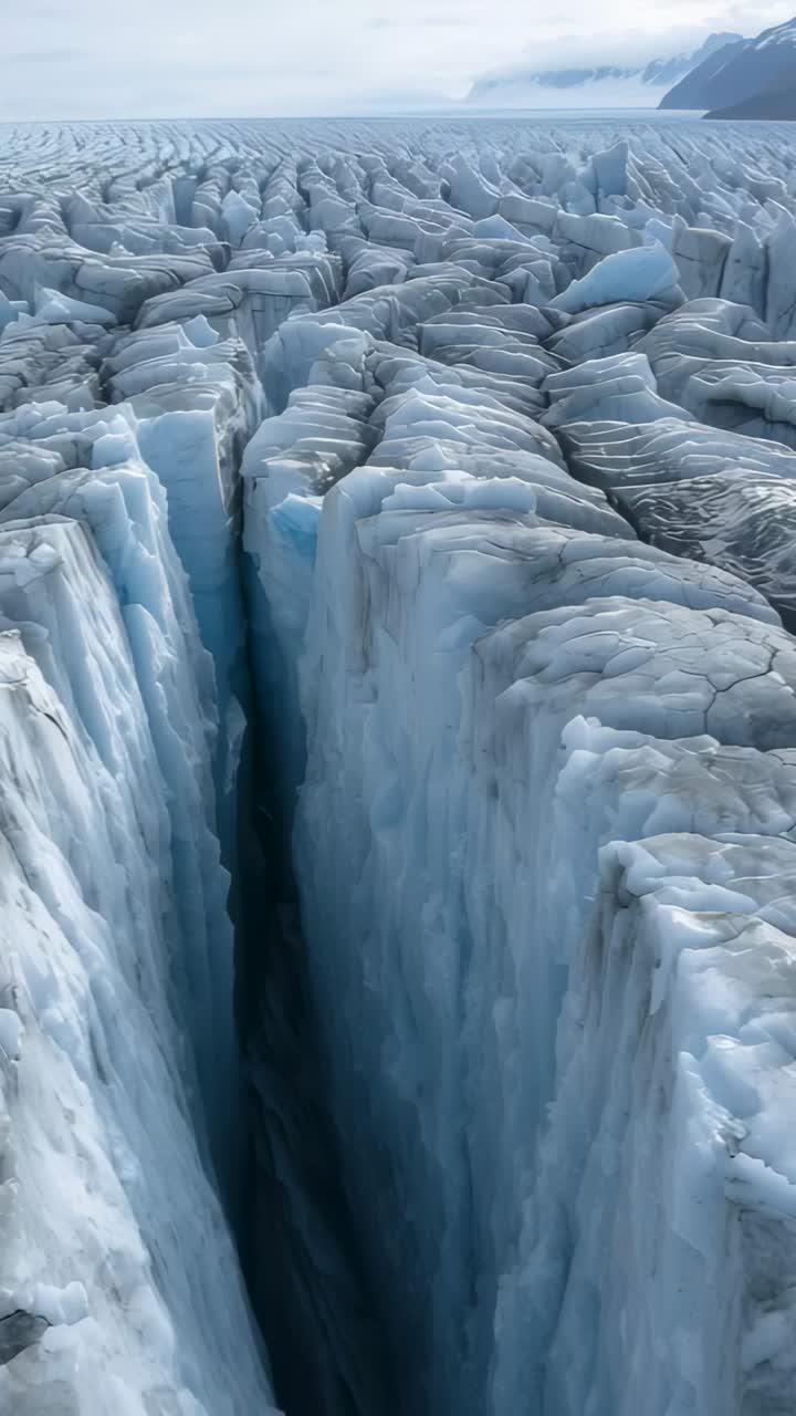 Video verticale: telecamera in movimento che rivela una stretta spaccatura su un ghiacciaio con alte pareti di ghiaccio e macerie