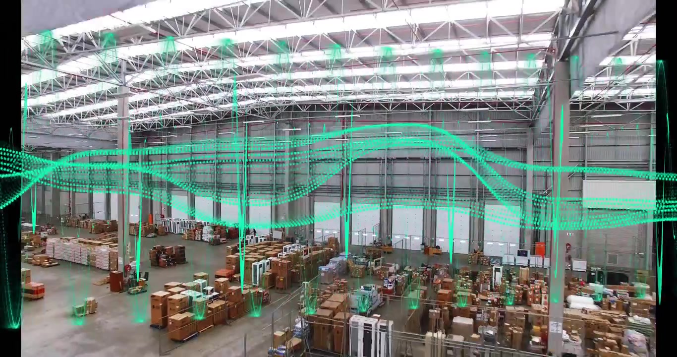 Camera panning starting green point cloud scanning warehouse, showing pallet spots for stock audit