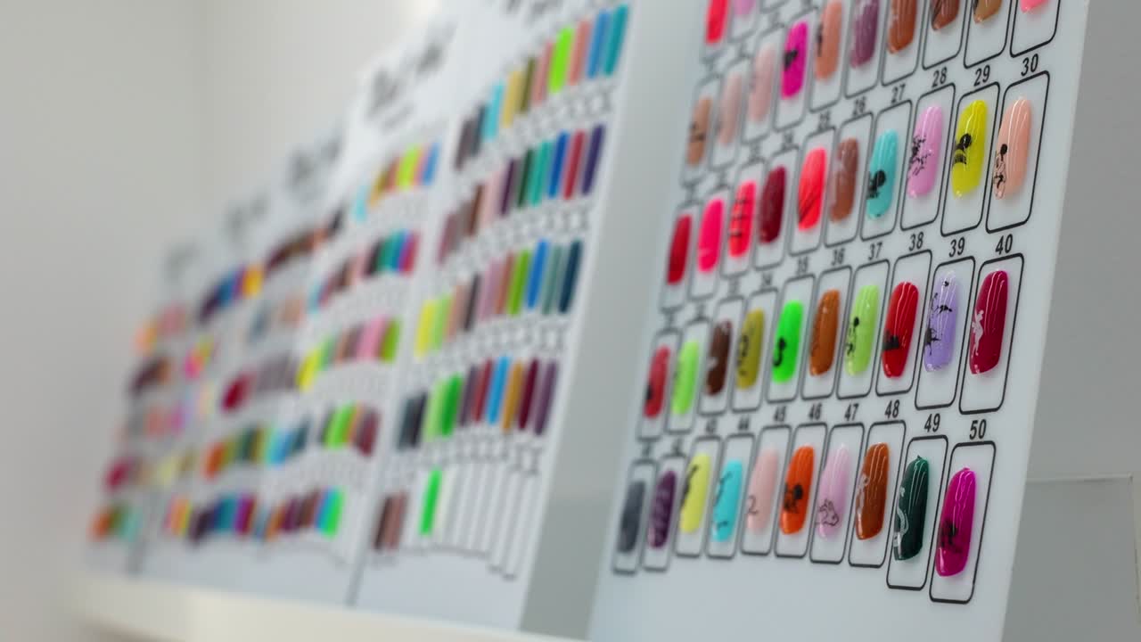 tienda de manicura de uñas, pared llena de coloridas uñas acrílicas