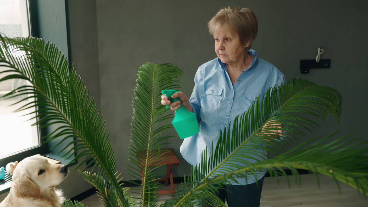Senior Woman Watering a Plant with a Dog in the Room