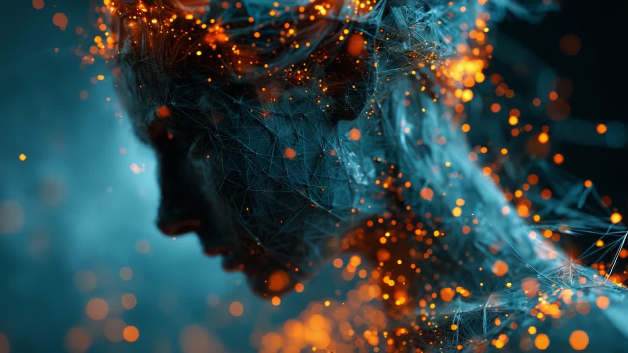 Captivating Abstract Art: An Enigmatic Portrait of Transformation with Ethereal Light and Flowing Energy, Merging a Human Silhouette with a Network of Vivid Colors and Shapes