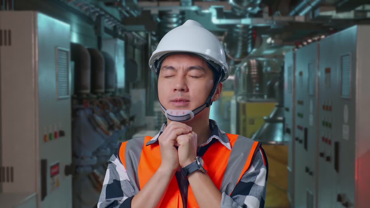 Close Up Of Asian Male Engineer With Safety Helmet Pray For Something While Standing In Engine Control Room, Work Of Electrical Generators