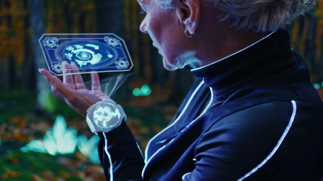 Ældre kvinde med holografisk display i skov