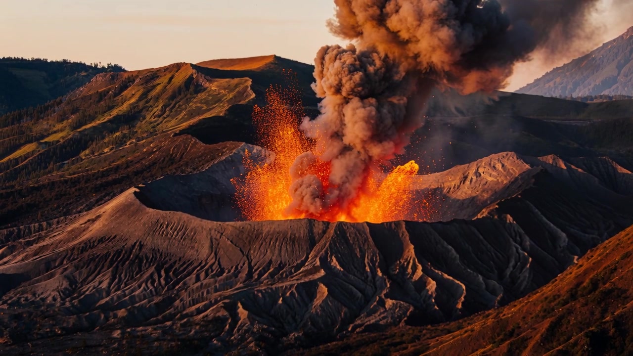Magma in risalita che innesca una fontana di lava, cratere vulcanico in eruzione in un'area montuosa, con tefra incandescente.