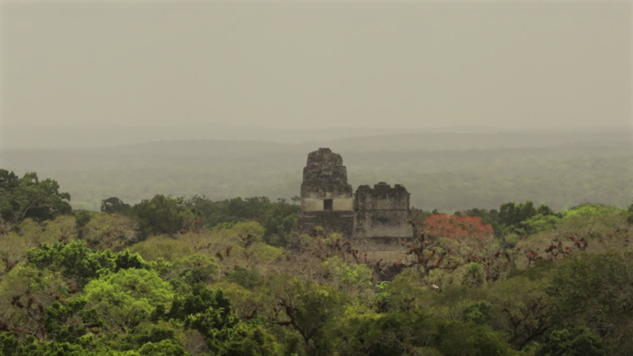 Tikal temples Jaguar and Masks Pyramids in Guatemala. Zoom out Archaeological ancient ruins pyramids