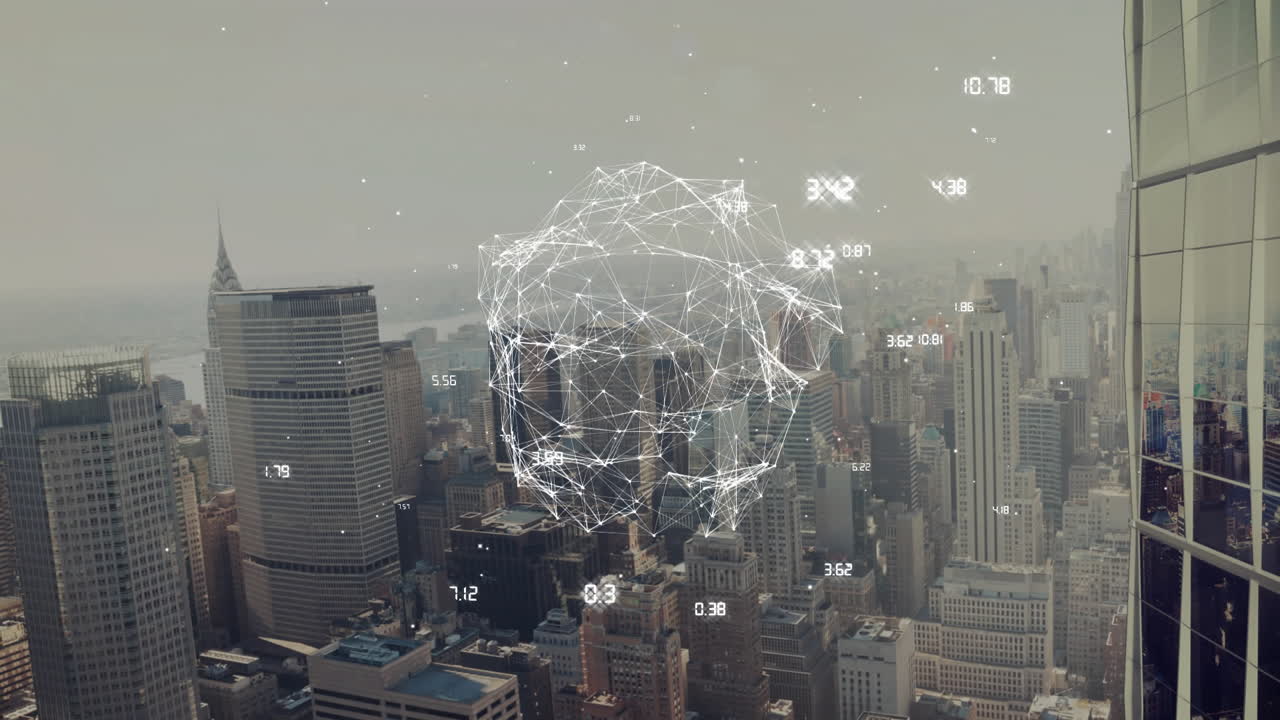 Animating digital network connections and data points over cityscape with skyscrapers