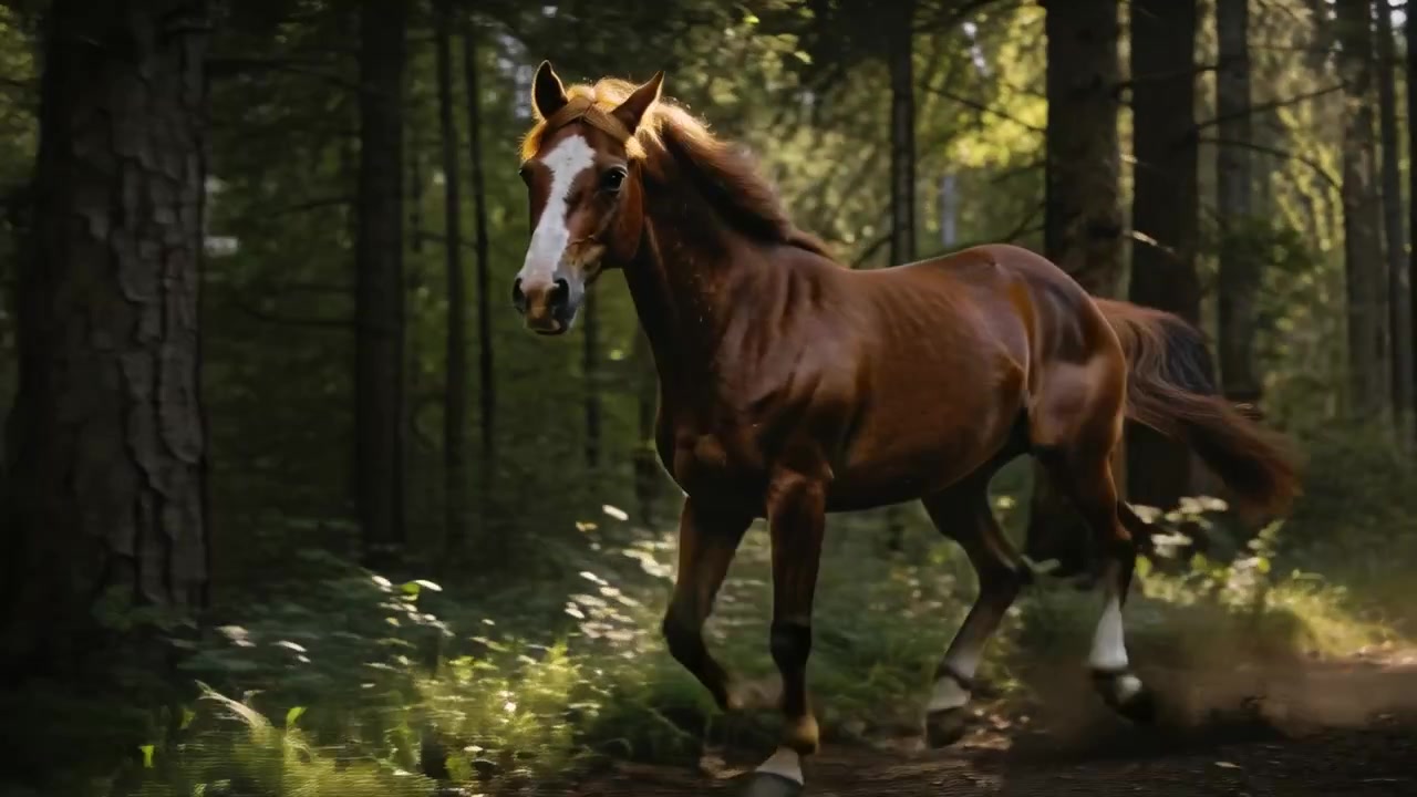 Cavallo sauro che corre, con una striscia bianca sul muso e marcature sulle zampe, dirigendosi verso la telecamera su un sentiero di pini, sollevando polvere.