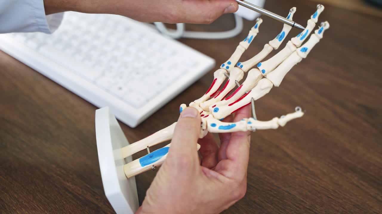 Medical doctor pointing on model. Close up of doctor in his office with model of hand