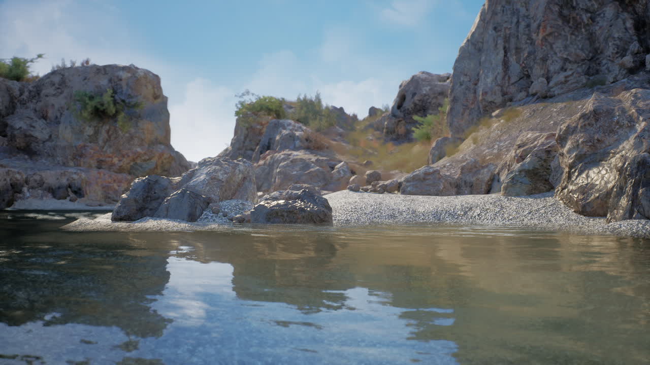 Sunny riverbank scene with rocks and clear water