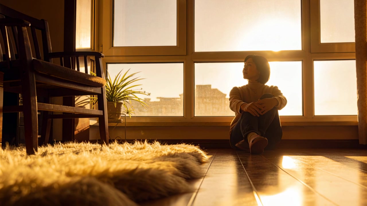 Donna seduta in maglione e pantaloni che osserva una finestra a riquadri a casa, con la luce del sole che si sposta sul pavimento.