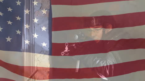 animation of flag of usa over biracial male soldier