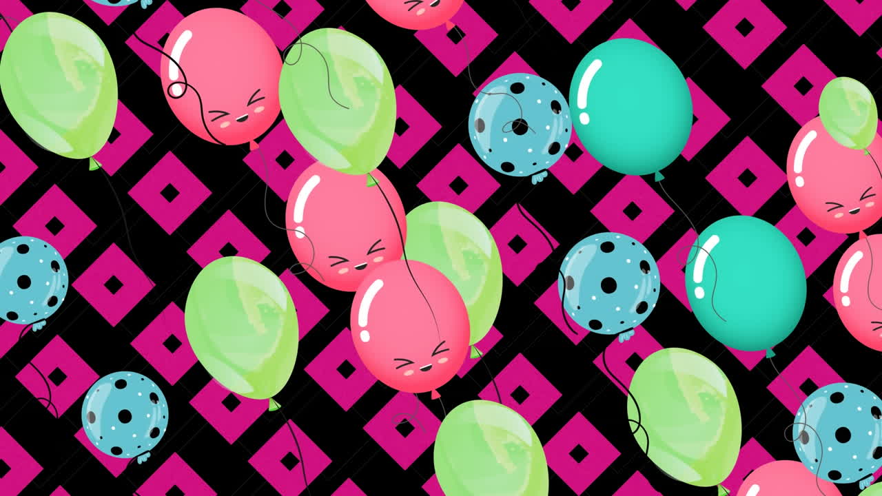 기하학적 모양의 검은 바탕 위를 날아다니는 다채로운 풍선의 애니메이션