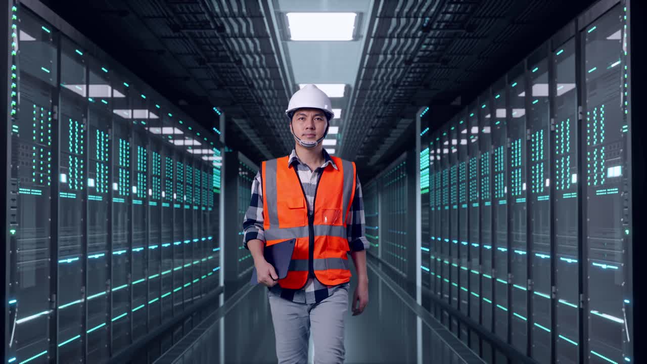 Front View of Asian Male Engineer Holding Tablet While Walking in Server Room Data Center