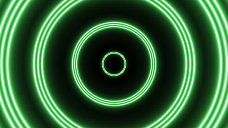 Grupo de círculos verdes, fundo de motion graphic em loop contínuo. Animação de voo futurista abstrato em túnel