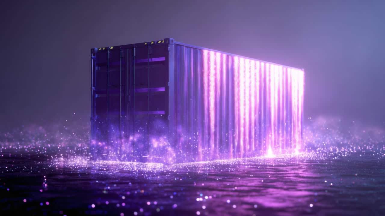 Futuristic shipping container emitting a stream of glowing purple particles that dissolve into a shimmering mist, evoking magical energy, digital data transfer and advanced tech