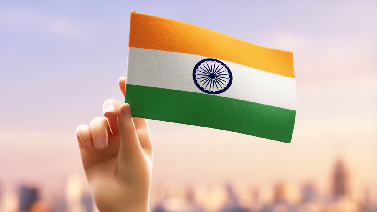 Hand holding Indian flag against a blurred background