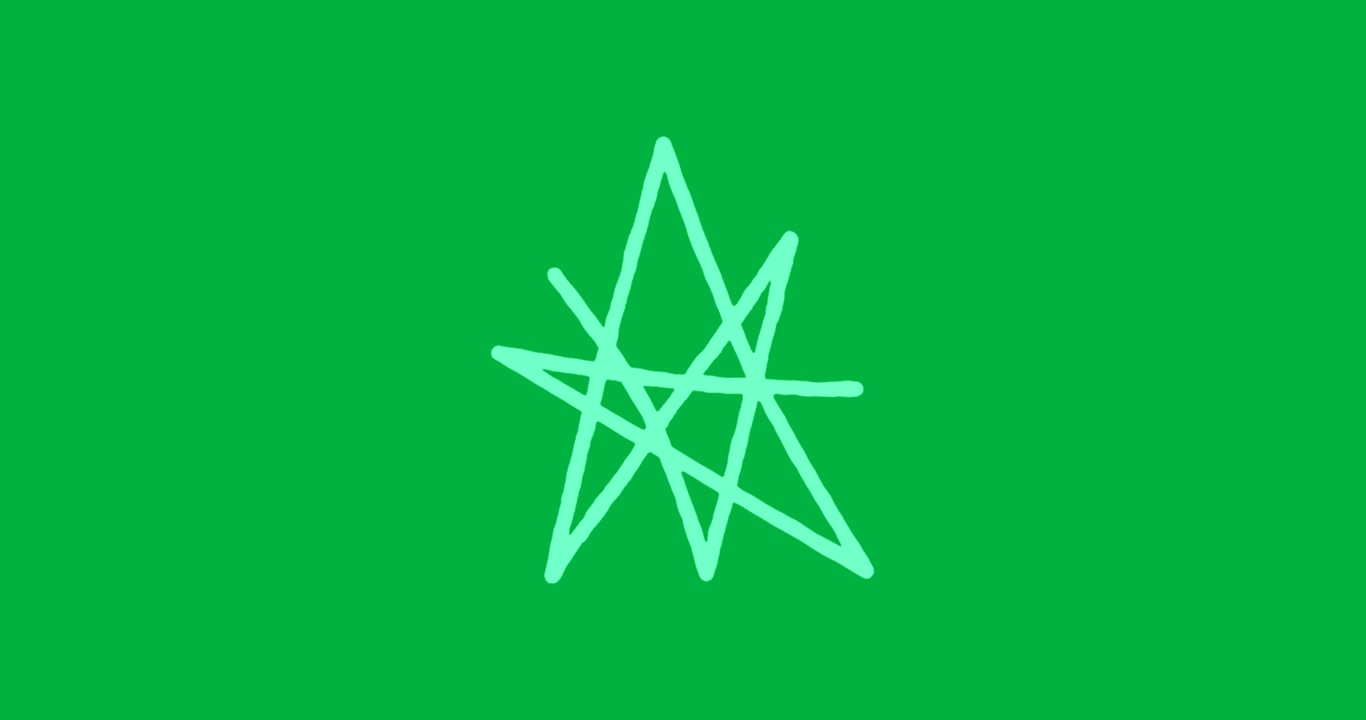 Team di marketing che analizza uno scarabocchio a stella tratteggiato su sfondo trasparente, con un quadrato verde menta