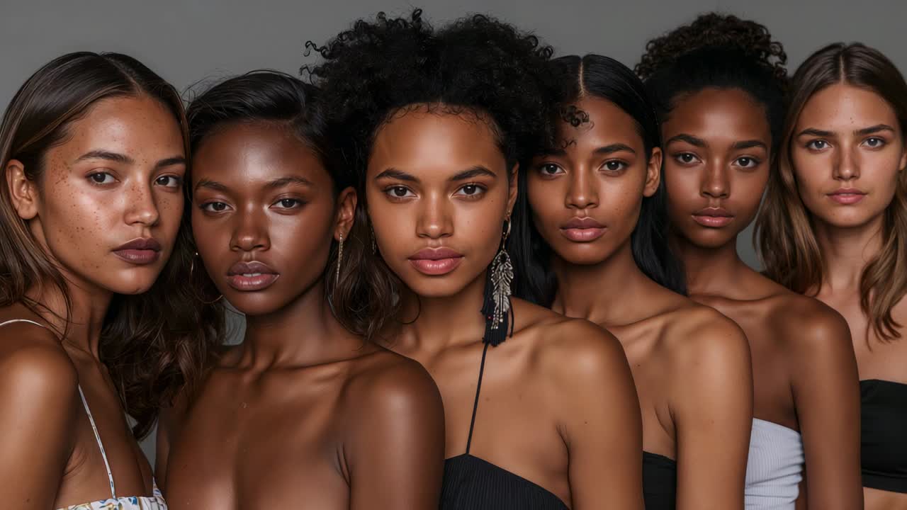 Posing six models for beauty shoot camera rolling, making small moves, tassel earring, strapless