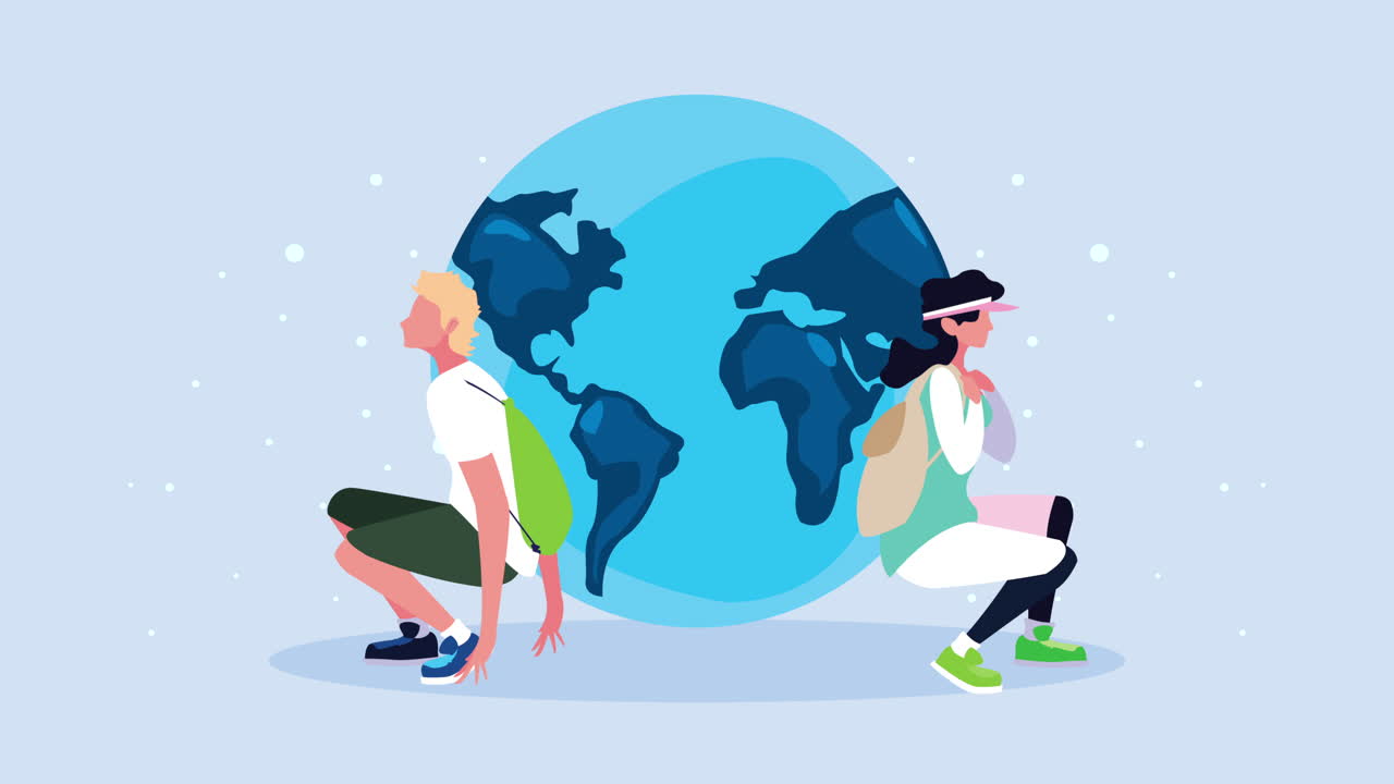 젊은 모험적인 커플과 지구 행성 애니메이션