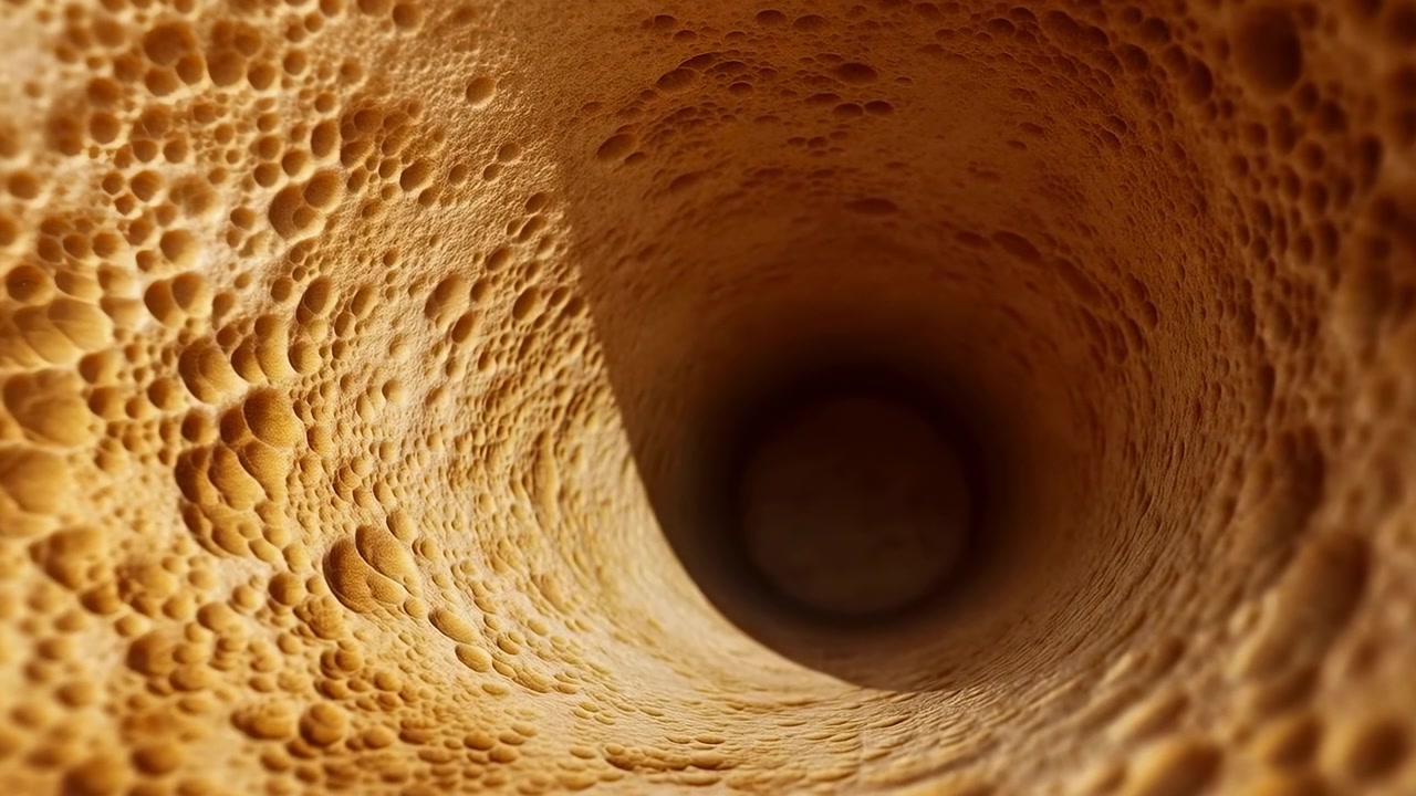 Vista interna di un tunnel cilindrico poroso con cavità a nido d'ape, incavi arrotondati, una rientranza scura, tonalità terrose tenui, una texture organica ruvida e un dettaglio superficiale astratto e racchiuso.