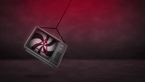 animazione di spirale di linee bianche e nere sopra il segnale di avvertimento in tv appesa.