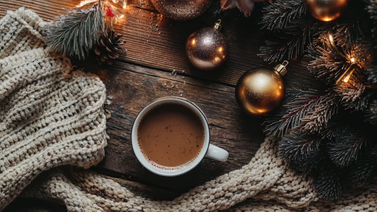뜨거운 음료와 함께 아한 크리스마스 아침