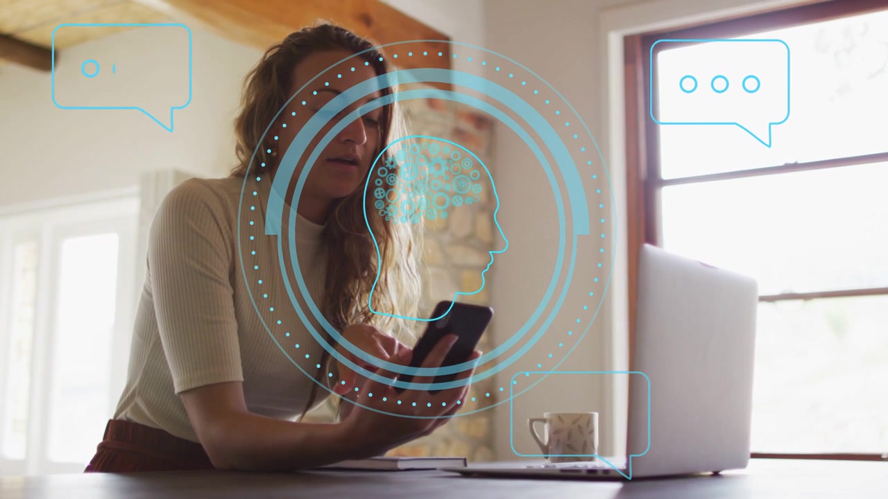 Woman leaning over desk, tapping phone and activating tech AI overlay, using laptop and typing
