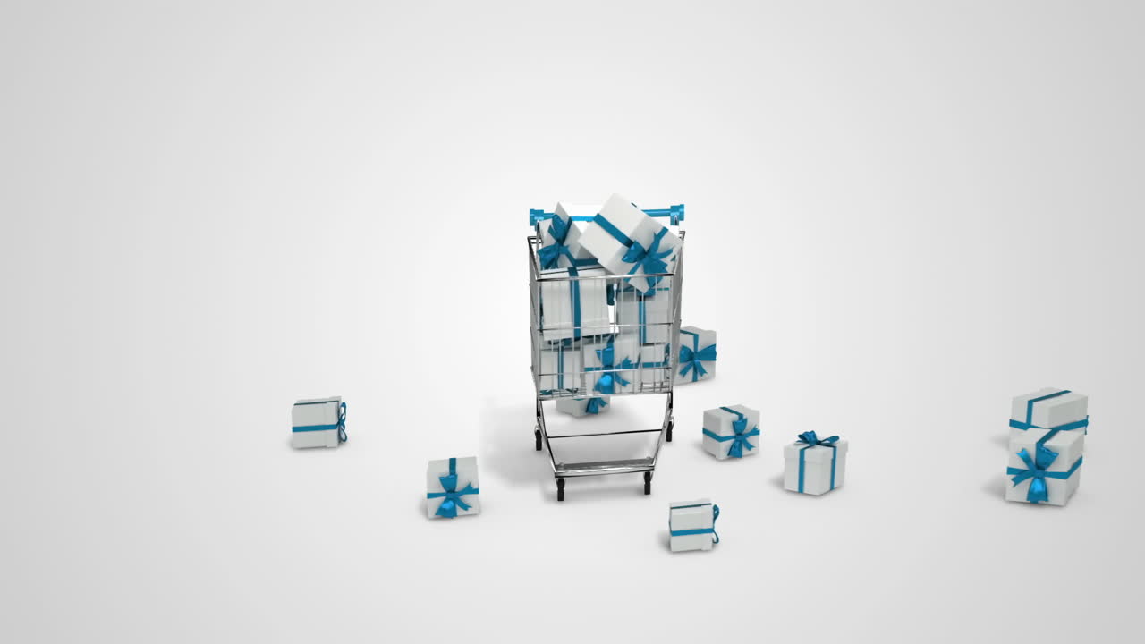 하 배경 에 트롤리 에 선물 들 이 떨어지는 것