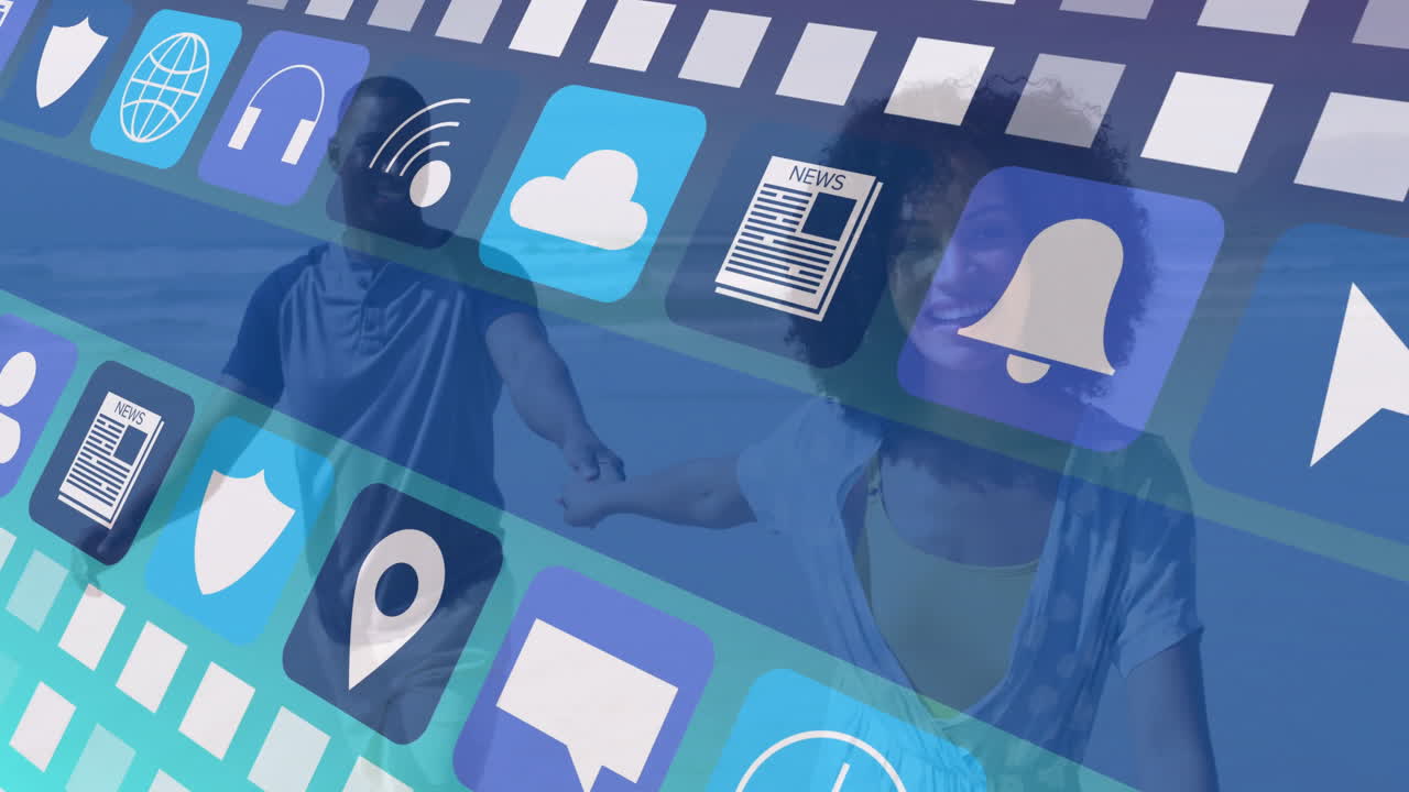 Holding hands, couple surrounded by digital icons symbolizing connectivity and animation