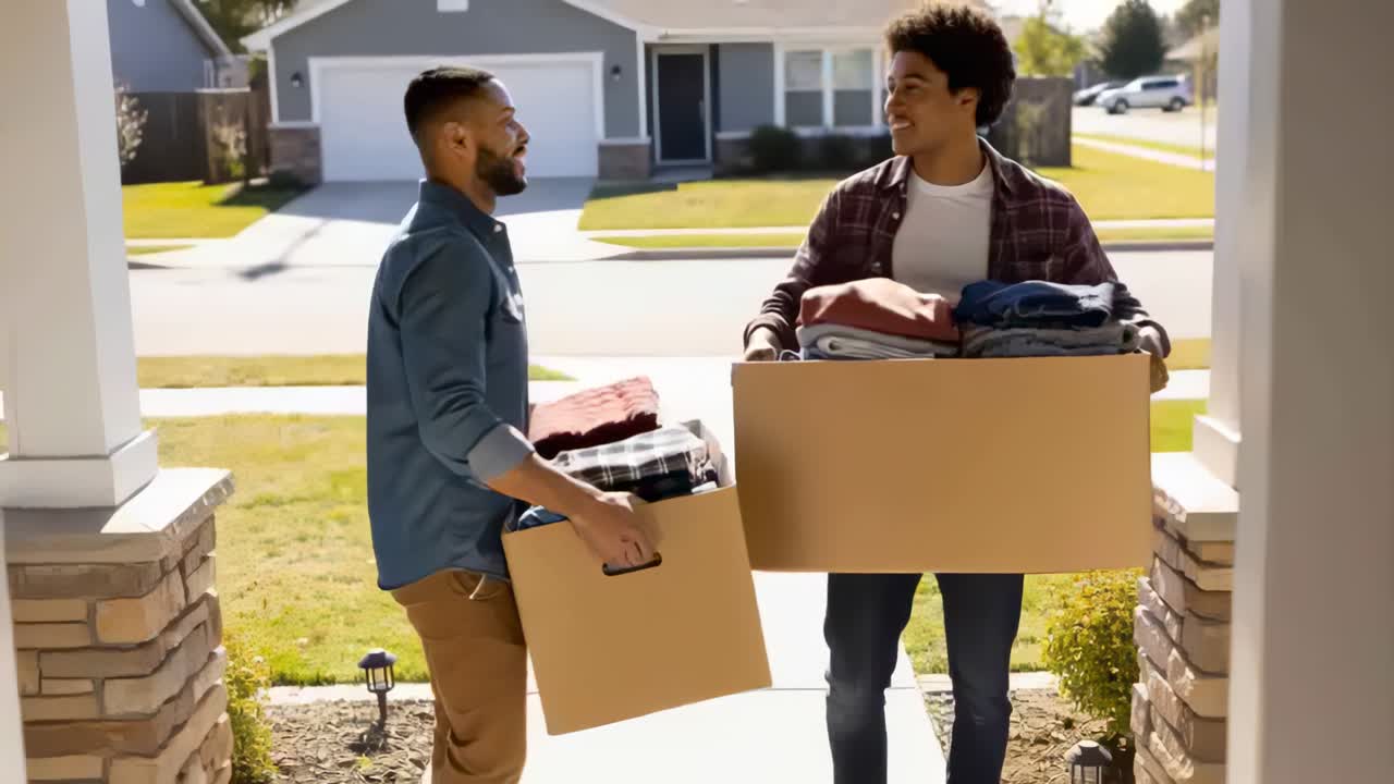 Carrying boxes two men in denim and plaid pausing on porch reaching door, preparing to enter