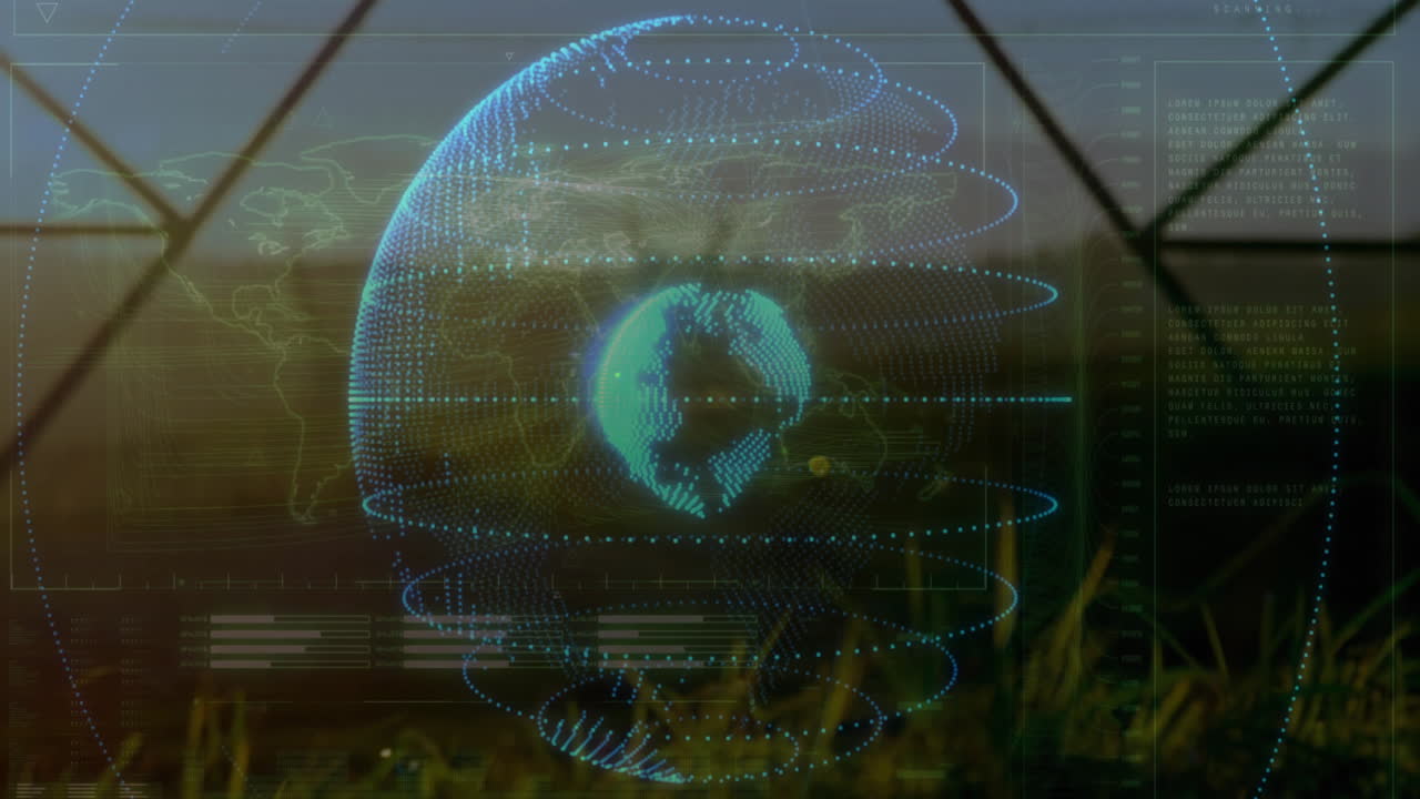 Blue-green holographic globe floating at center while AR interface showing bar charts and graphs