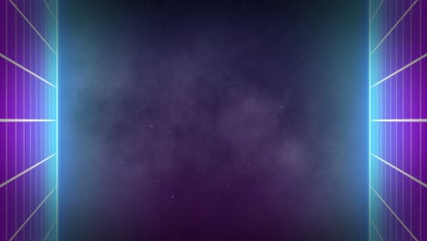 animación de cuadrados de neón y nubes sobre estrellas sobre fondo negro.