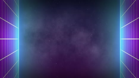 animation of neon squares and clouds over stars on black background