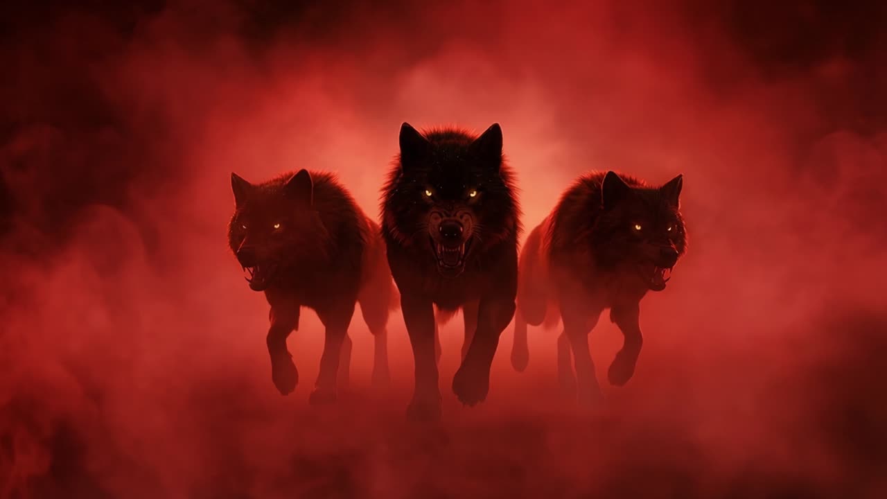 Menacing Wolves with Glowing Eyes in Red Fog