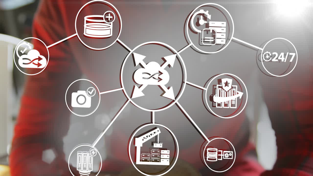 Man touching touchscreen, floating cloud icons orbiting central network diagram in tech office