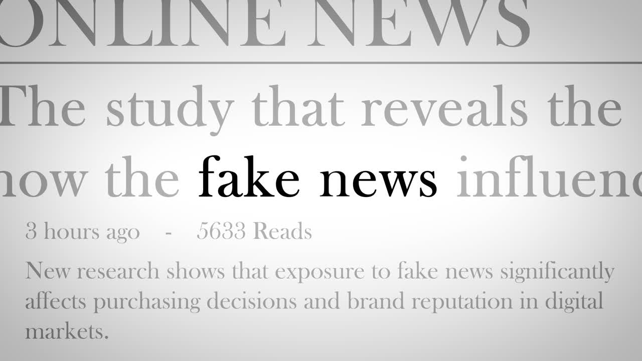 Concept video illustrating the rise of fake news and AI-driven misinformation, featuring fast-flashing headlines and warnings about digital deception, ethics, and media manipulation