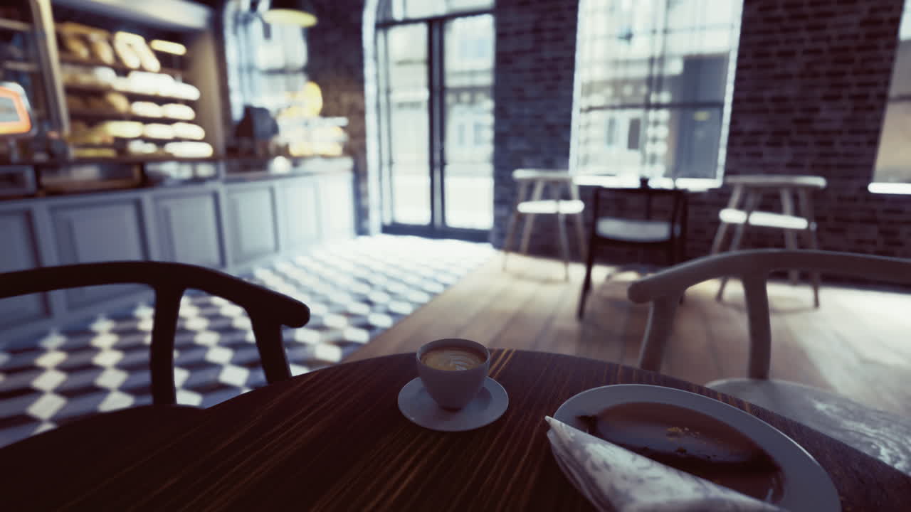 Cozy cafe setting with coffee and pastry in a stylish interior