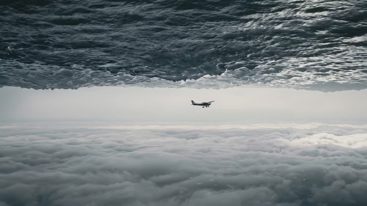 Volo aereo surreale tra le nuvole e acqua capovolta.