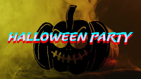 halloween party text animation over spooky pumpkin with smoke background