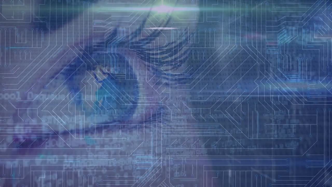 animazione dell'occhio di una donna caucasica con elaborazione dei dati, elementi hud sull'interfaccia digitale