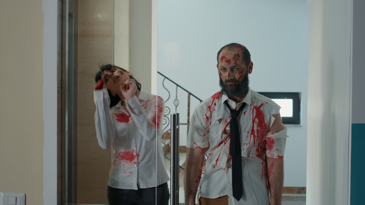 Scary looking undead zombies with bloody wounds trying to enter inside office