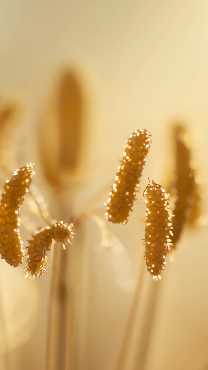 Vertical video: Swaying golden seed head cluster moving under breeze in meadow, showing bokeh awns