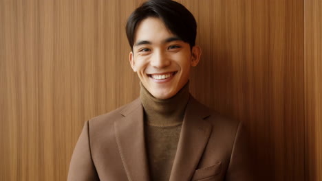 portrait of a smiling young man in brown attire against a wooden background