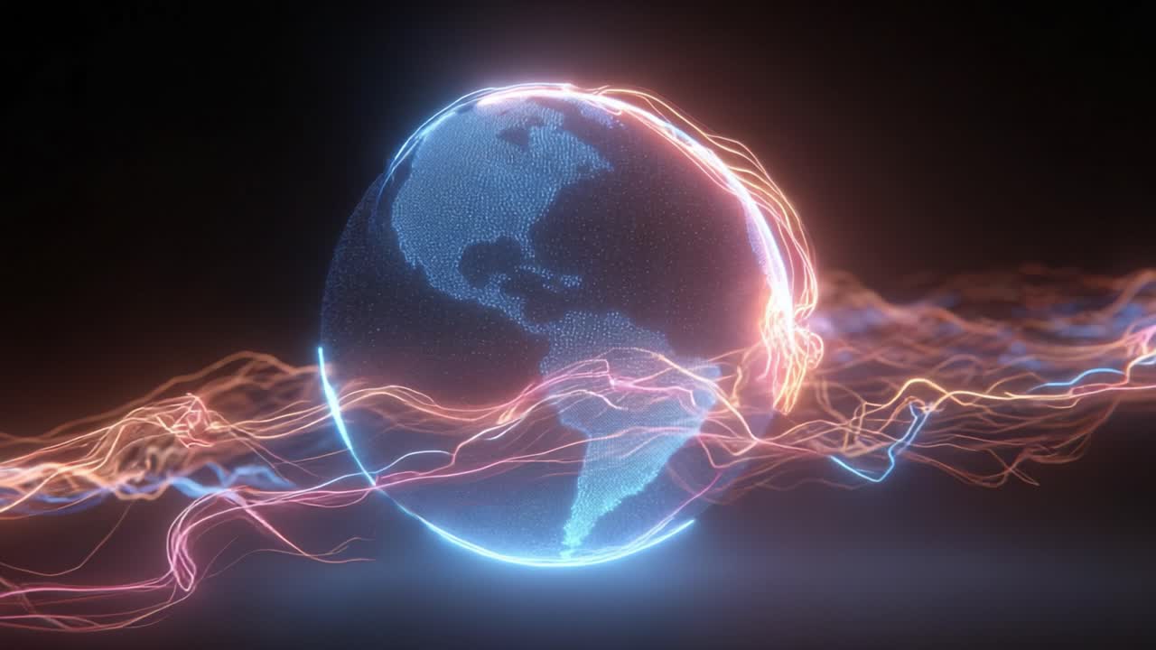 Futuristic digital Earth rotating on its axis, showing the Americas, with glowing neon light streaks representing global data transfer, communication networks, and technological connectivity