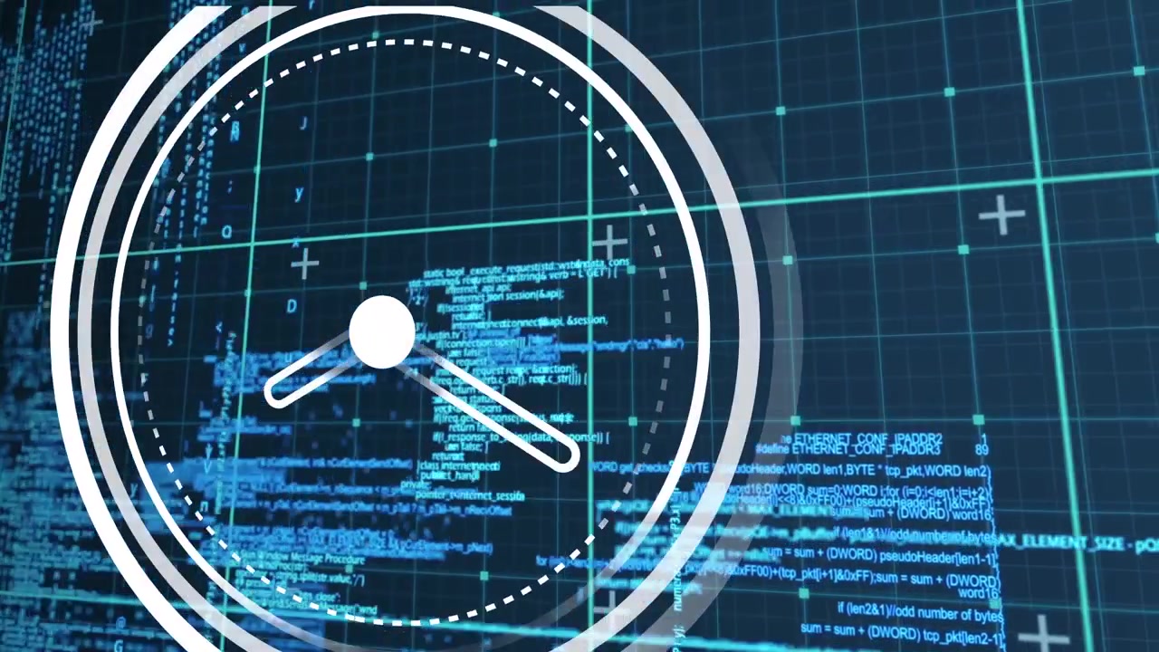 Ticking digital clock and data processing over grid network against blue background