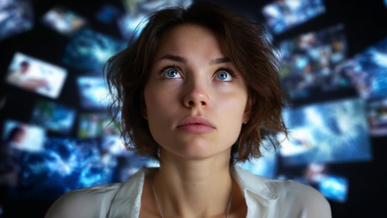 A Woman's Contemplative Moment Surrounded by a Digital World of Images, Exploring the Intersection of Reality and Technology as She Gazes Upward, Deep in Thought and Reflection